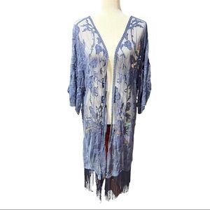 California Love Lace Embroidered Kimono Sz L / XL Sheer Fringe Floral Boho Blue
